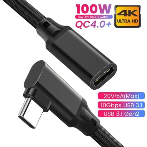 HD 4K USB C Extension Cable 100W PD 5A Right Angle Bend 90 Degree Gen 2 USB 3.1 Type C Extension Cord For Macbook Samsung Laptop