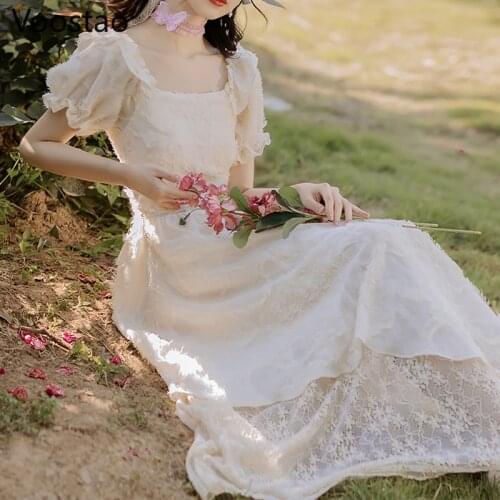 Summer French Chic Fairy Dress Women Elegant Vintage Square Collar Lace Embroidery Party Dresses Female Sweet Princess Dress