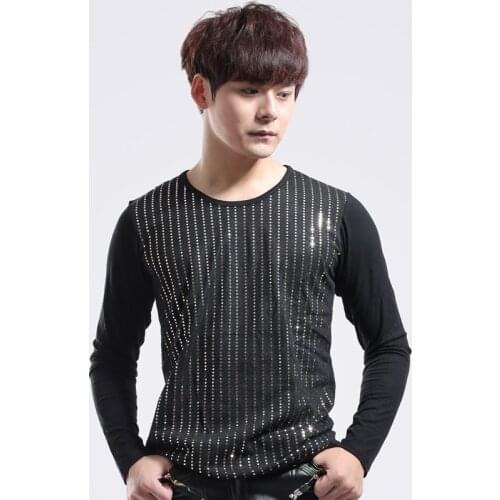 Male personality long-sleeve o-neck stripe Paillette t-shirt DJ costume performance wear mens Slim shirt