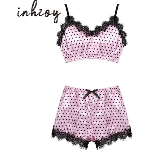 Mens Hot Sissy Lingerie Set Polka Dot Lace Trim Adjustable Straps Crop Top with Shorts Homme Underwear Nightwear