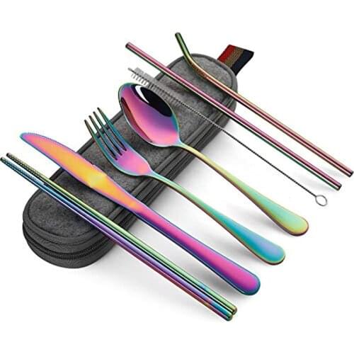 Stainless Travel Camping Cutlery Set Knife Fork Straight Bent Drinking Straw with Case Cleaning Brush Set Metal Reusable Kitchen