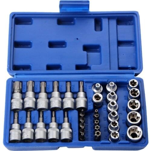 3/8 Inch & 5/16 Inch Drive Bit Socket Set 34 Piece Torx Bit & External Star Socket Set with Carrying Case, (T10-T60, E4-E20)