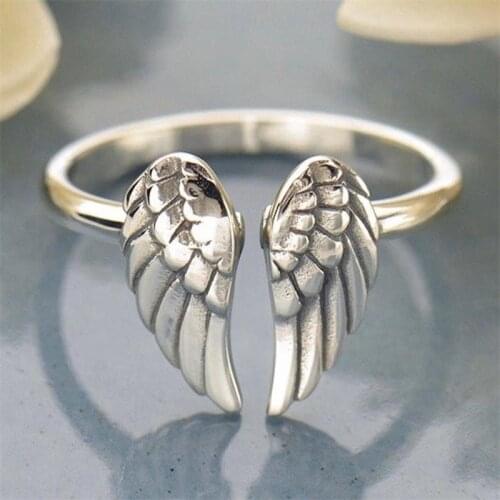 Simple Adjustable Angel Wings Ring Guardian Angel Silver Color Ring Womens Anniversary Fashion Jewelry Gift