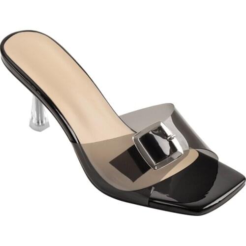 Richealnana Summer Slip-On Shoes For Women Concise Square Toe Patent Leather Metal Buckle Clear Metal Heels Open Toe PVC Slipper