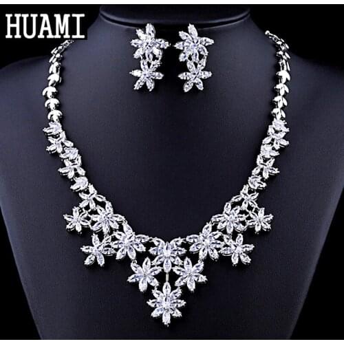 HUAMI Drop Earrings Necklace Sets Jewelry for Women Bridal Flower Pendant Necklace Jewelry Charms Wedding Party Accessories