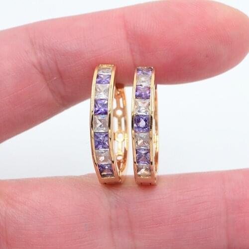 Gold Color Women Classic Purple White Cubic Zirconia CZ Huggie Hoop Earrings Jewelry