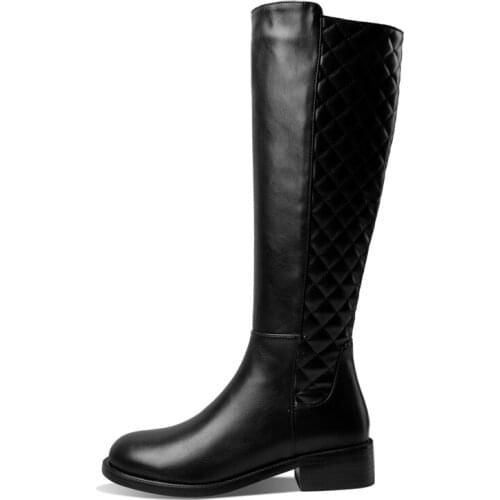 2021 Winter Fashion Black White Side zipper Long Boots New Round toe With low Knee High Boots Leather Women shoes Size 34-43