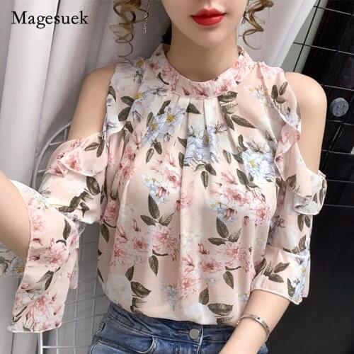 Women Shirts 2021 Summer Off-the-shoulder Chiffon Korean Floral Short Sleeve Blouse Women Elegant Printing Female Clothing 13708