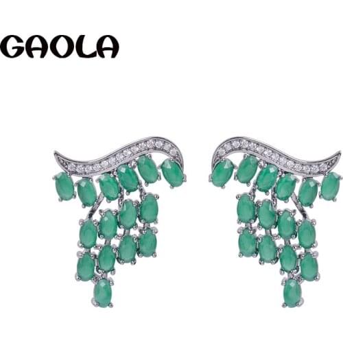 GAOLA Fashion Green Feather Earrings For Women Girl Cubic Zirconia Jewelry Geometric Stud Earrings GLE6763Y