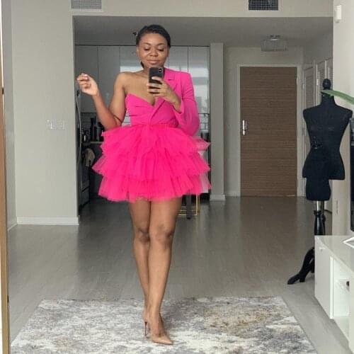 2021 Chic Hot Pink Women Suit Ruffles Tulle Skirts And One Shoulder Blouse 2 Pieces Short Women Outfit Fashion Female Clothing