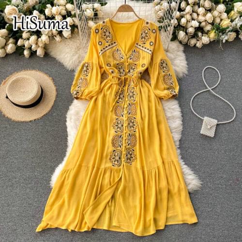2021 spring summer new womens V-neck embroidery cotton and linen A-line dress female lace-up waist vacation Ethnic dresses