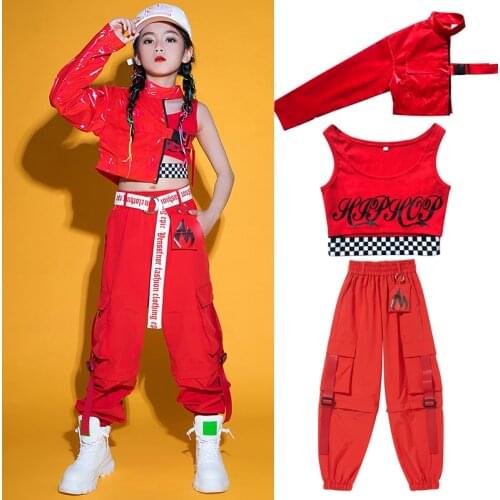 2021 Jazz Costume Girls Hip Hop Dance Clothes Cool Leather Tops Overalls Pants Red Stage Performance Outfit For Kids Wear BL5892