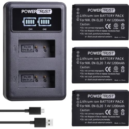 PowerTrust 3Pc EN-EL20 EN-EL20A EN EL20a Battery+LED USB Dual Charger for Nikon Coolpix P1000 Nikon S1 J1, J2, J3 Nikon1 AW1