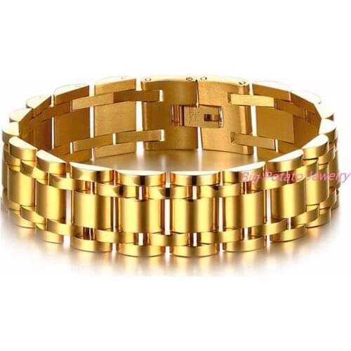 17 mm width Gold Tone High Quality 316L Stainless Steel Mens Bracelet Watch Band Style Chunky Chain Bangle for Men