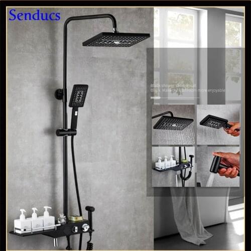 Senducs Black Digital Shower System Inwall Mounted Black Bathroom Faucet Quality Brass Bidet Fashion Thermostatic Shower Set