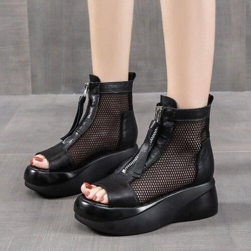 Zipper Fish Mouth Black Sandals Women New Summer Mesh Hollow Out High-top Thick-soled Fashion Sandals Woman
