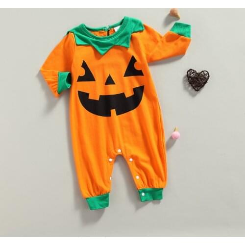 Halloween Baby Girls Boys Romper Toddlers Spring Autumn Pumpkin Smiling Face Printing Long Sleeve Round Collar Jumpsuit