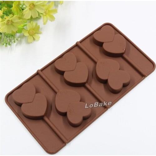 5 cavities double heart chocolate lollipop cake mold popsicle fondant candy pop mould DIY bakery molde