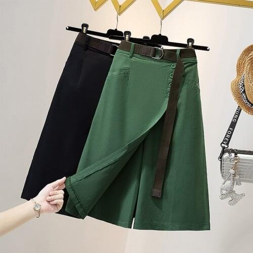 Summer Green Capris Womens Cropped Trousers Casual Wide Leg Pants Fashion Korean Girls Elastic Waist Loose Plus Size Culottes