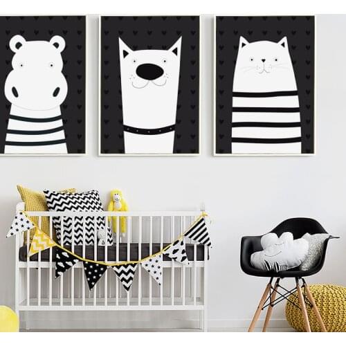 Lovely Black and White Cartoon Rabbit Hippo Animal Canvas Painting Art Print Poster Picture Wall Painting Children Bedroom Deco