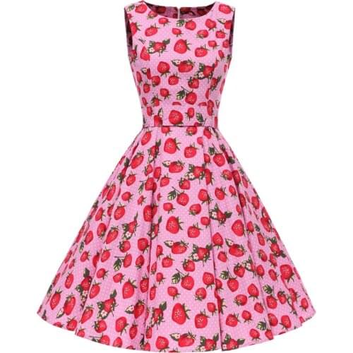 Strawberry Cherry Print Dress Women Sleeveless 1950s 1960s Large Swing Cotton Polka Dot Vintage Dresses VD0773