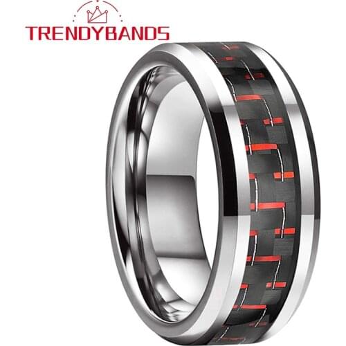 Tungsten Carbide Ring For Men Women Wedding Band 8MM Red Black Carbon Fiber Inlay Polished Shiny Comfort Fit