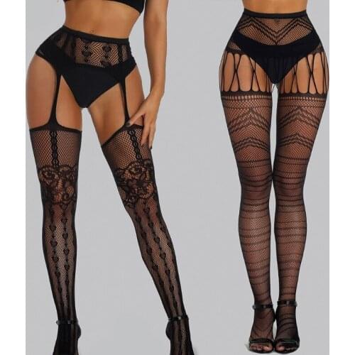 Women Sexy High Waisted Suspender Pantyhose Hollow Fishnet Tights Patterned Stretch Garter Belt Hight Stockings Lingerie