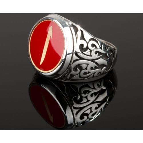 Red Round Arabic Letters Alif Motif Ring Handmade Men Ring Solid 925 Sterling Silver Vintage Ottoman Motif Ring