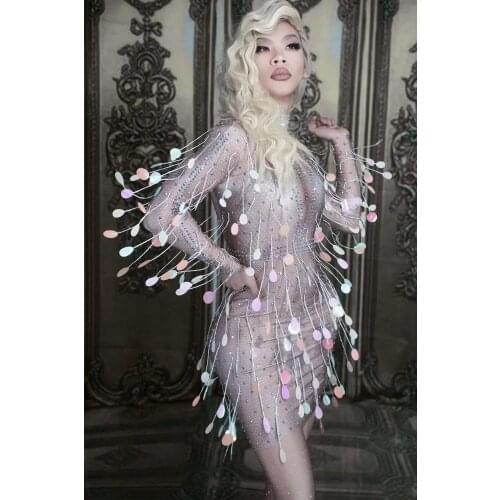 Fashion Colorful Sequins Tassel Dress Women Birthday Evening Celebrate One-piece Dress Sexy Skinny Costume Dance Short Dress