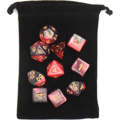 New 10pcs Polyhedral Acrylic Red Black Dice Set Board Dice RPG Pops Gambling Tool Entertainment Game Gaming With Bag