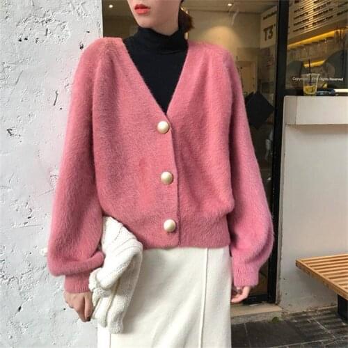Autumn Winter V-neck Knitted Cardigan Imitation Cashmere Sweater Coat Hand Knit Mohair Jacket Long Faux Mane Fur Tops