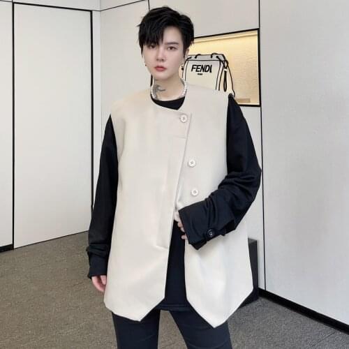 Autumn new dark Department inclined placket design Korean mens casual solid color vest hairdressers work coat