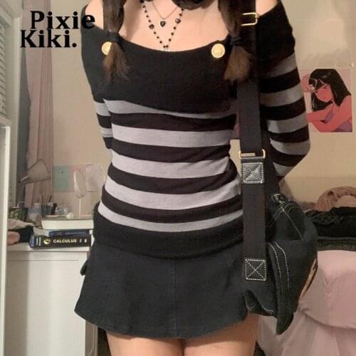 Женские полосатые футболки PIXIEKIKI China At AliExpress