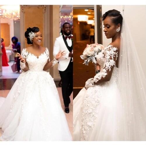 African Elegant Bride Mermaid Wedding Dresses Sheer Long Sleeve Lace Applique Bridal Gowns Button Back Vestidos de novia