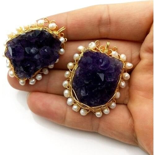 Natural raw amethysts druzy Pendant Wire Wrapped pendant paved with pearl beads Amethysts Drusy Charm For necklace DIY jewelry