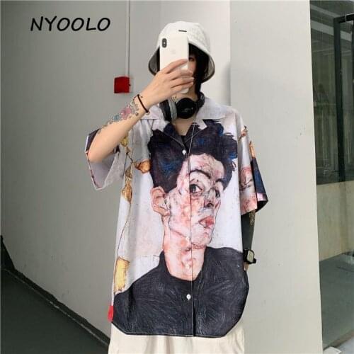 NYOOLO Harajuku Vintage head print loose short sleeve shirt women men summer streetwear turn-down collar hip hop shirt tops