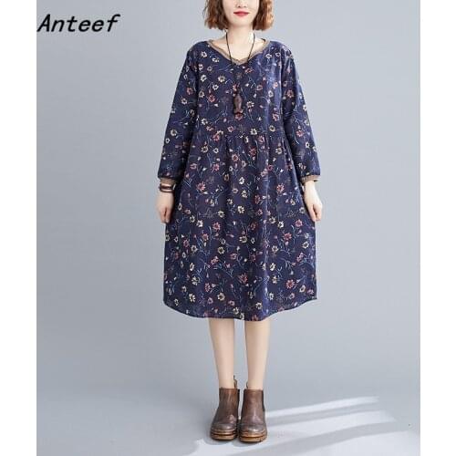 Long sleeve plus size cotton linen vintage floral for women casual loose midi autumn dress elegant clothes 2021 ladies dresses