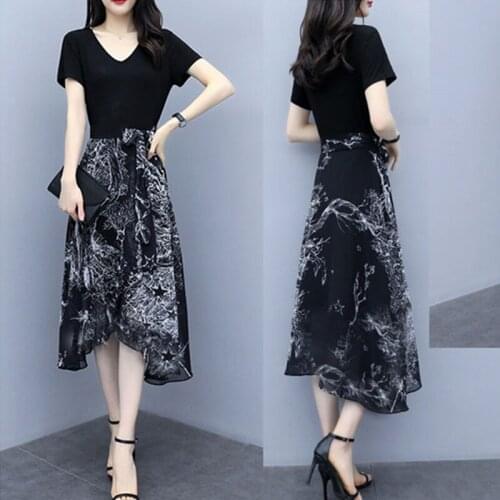 Chiffon vestidos summer 2020 temperament waist was thin V-neck female mid-length splicing fake two-piece black dress Cheap D349