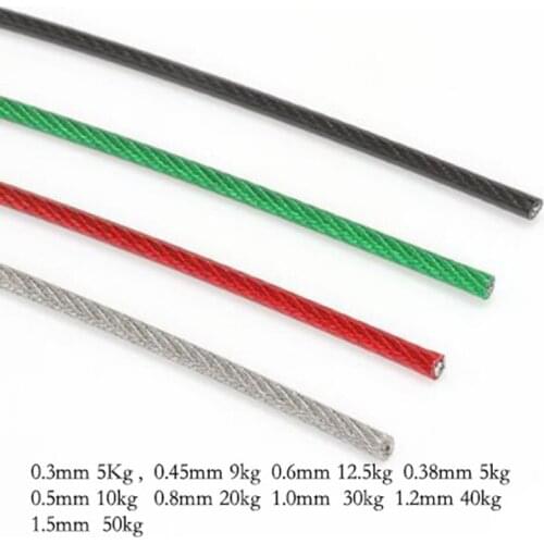 PVC Plastic coated steel rope 0.38 0.45 0.5 0.6 0.8 mm tranded 304 steel rope Bracelet beads line clear red black green