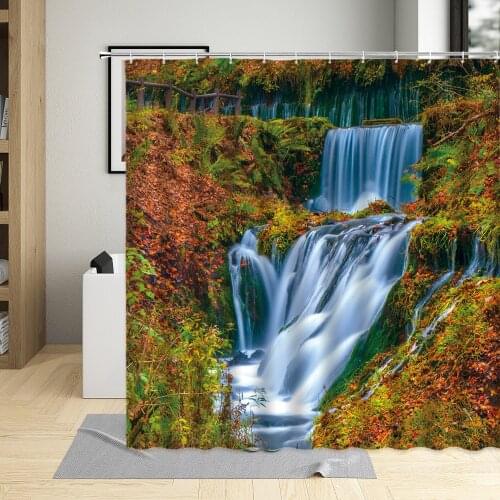 Waterfall Shower Curtain Forest Rock Spring Green Natural Scenery Pattern Bathroom Decor Polyester Cloth Hanging Curtains Sets