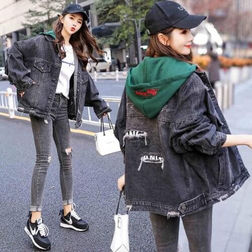 Vintage Spring Autumn Denim Jacket Female 2020 new loose Korean bf Casual hole top Jean Coats Women Jackets Outerwear b469