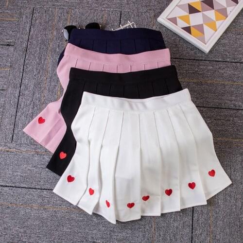 2020 Summer Women Pleated Skirts Harajuku Fashion High Waist Pleated Love Embroidery Skirt Woman Heart A Line Mini Skirts