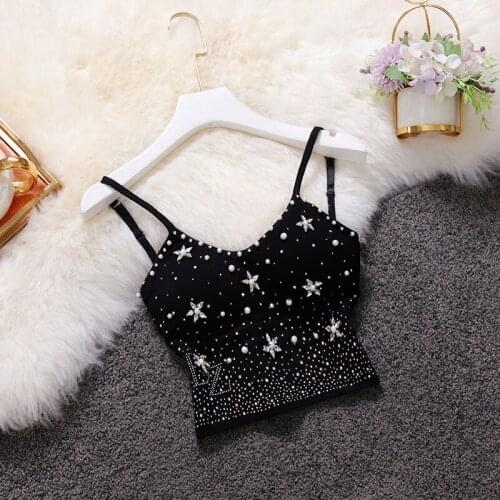 2021 Summer New Crop Tops Sexy Beaded Spaghetti Strap Tanke Top Off Shoulder Sleeveless Solid Color Women Vest Black White