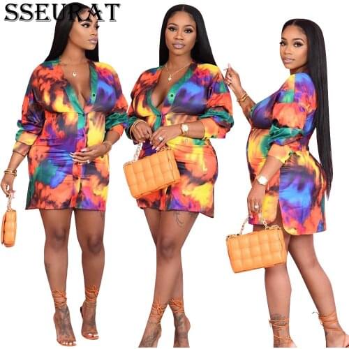 SSEURAT Women Dress Long Sleeve Single Breasted Print Mini Dresses Fashion Streetwear Autumn
