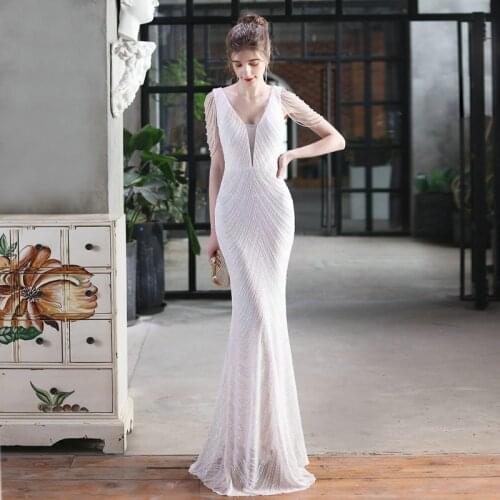 2021 New Deep V Neck Sliver Sequin Evening Dress Sexy Party Maxi Dress Women Beads Dress Fashion and elegance