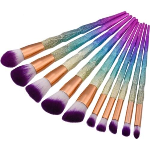 10Pcs Makeup Brush Set Thread Rainbow Handle Makeup Cosmetics Blusher Powder Blending Smooth Diamond Brush / by dhl 100sets