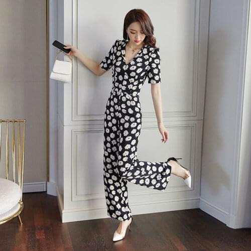 2021 Summer Casual Rompers Womens Floral Printed Jumpsuit Turndown Collar Short Sleeve Overalls Plus Size Sexy Long Playsuit