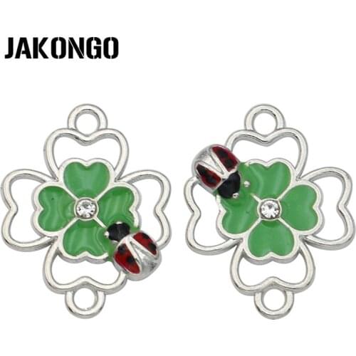 JAKONGO Silver Plated Enamel Green Clover Connector for Jewelry Making Bracelet Findings DIY Accessories 21x16mm 5pcs