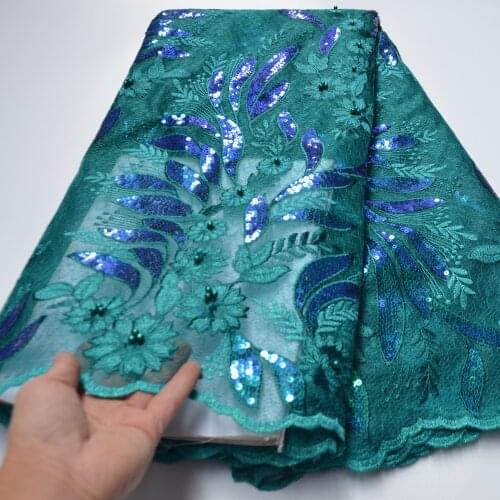 5yards/pc) new arrival teal green African tulle lace high quality French lace fabric with sequins and beads for party FLP215