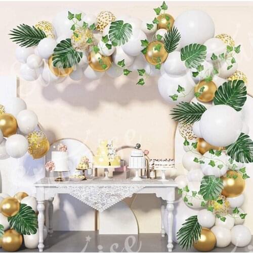 White Balloon Garland Arch Kit, White Gold Confetti Balloons 98 PCS, Artificial Palm Leaves 6 PCS Wedding Birthday Decorations